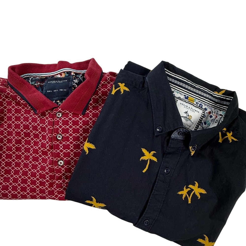 Denim & Flower Ricky Singh Mens Large Shirt‎ Bundle Navy Palm Burgundy Geometric